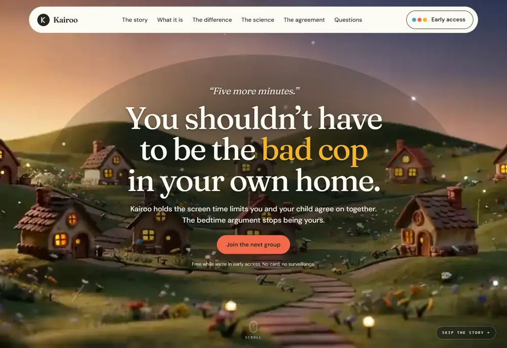 The Kairoo homepage: “You shouldn’t have to be the bad cop in your own home.” over an illustrated village at dusk.