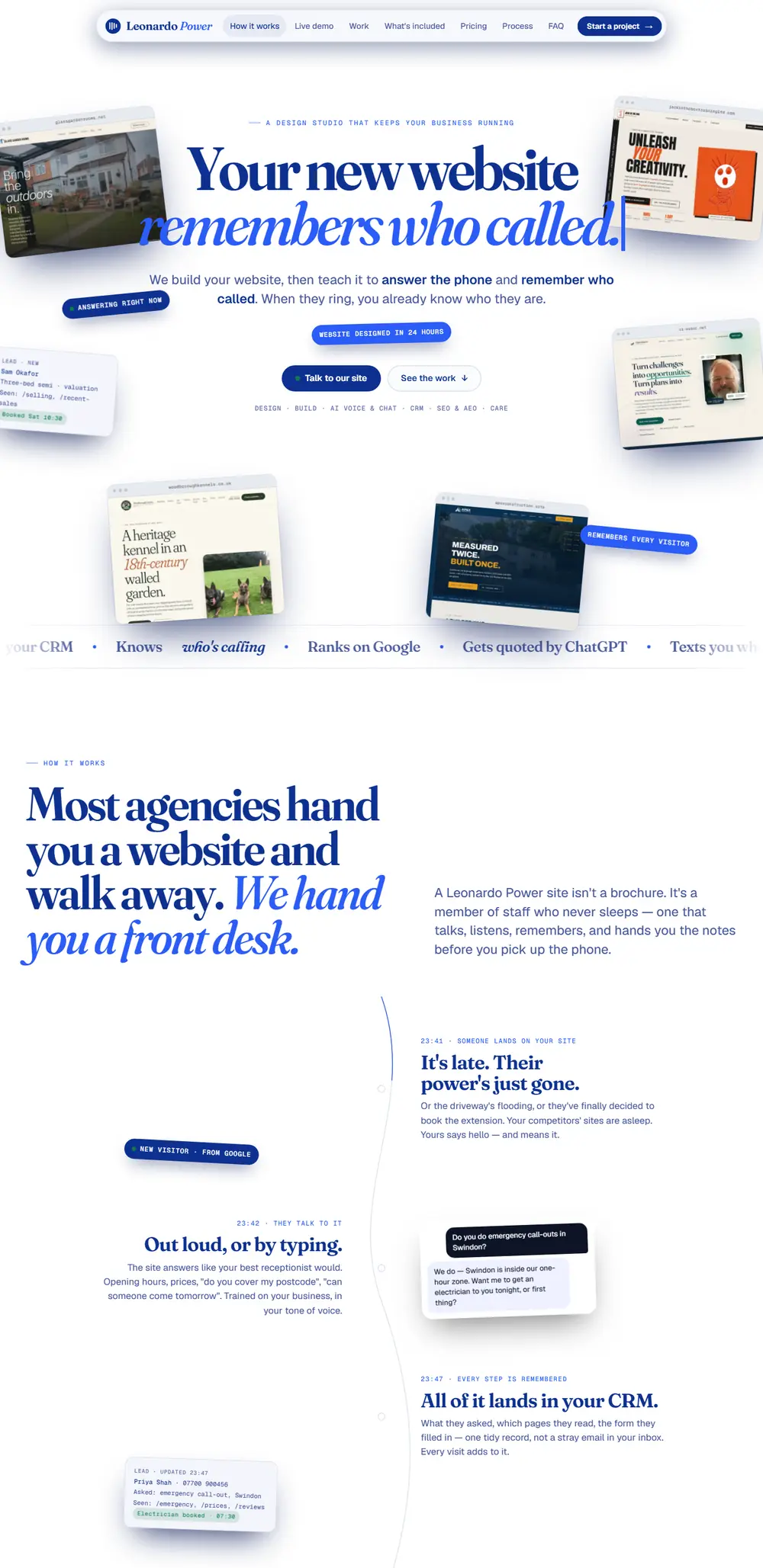 The Leonardo Power homepage — “Your new website answers the phone.” above screenshots of the client sites they have built.