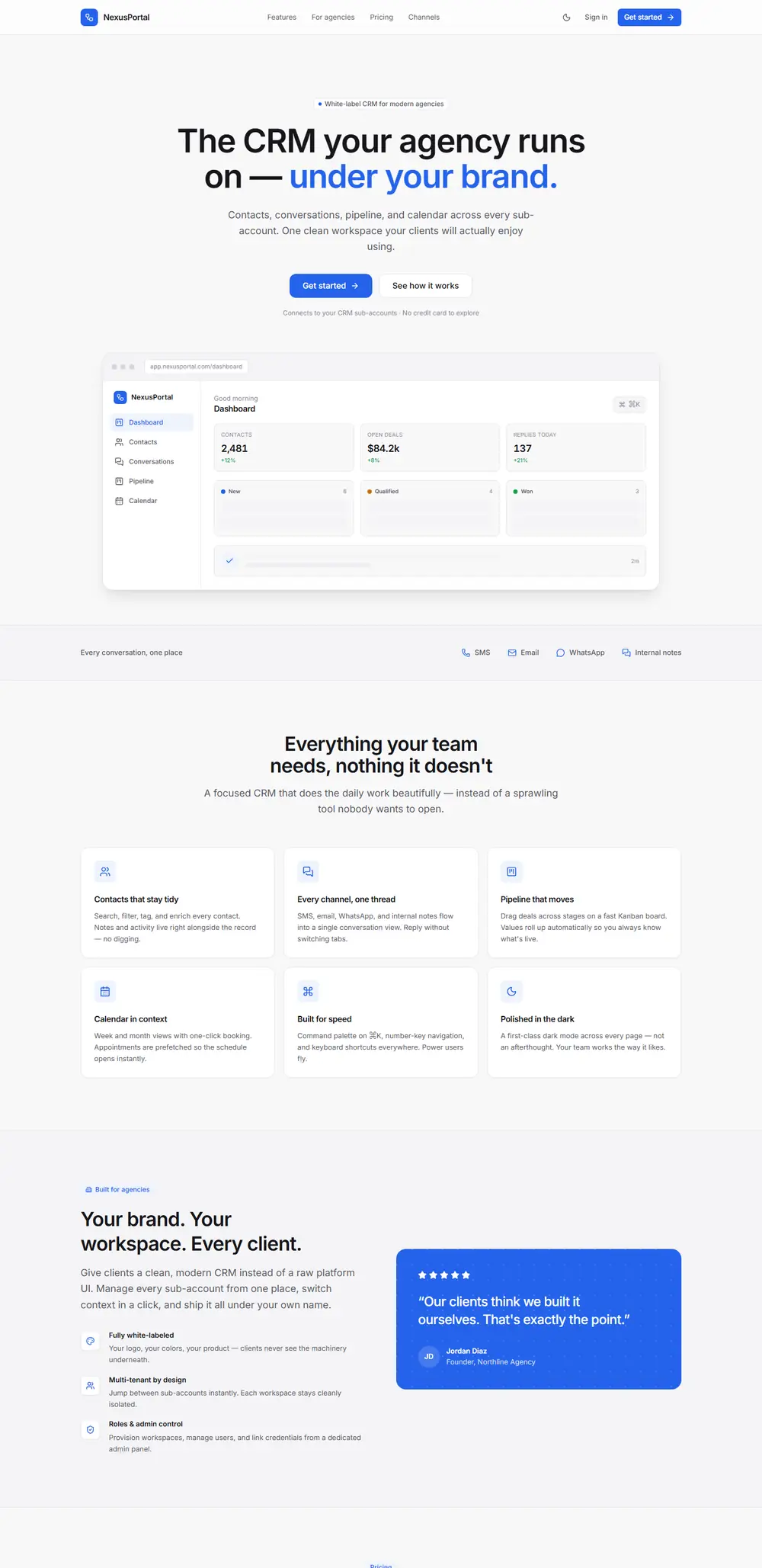 The NexusPortal homepage — “The CRM your agency runs on — under your brand.” above a screenshot of the dashboard.