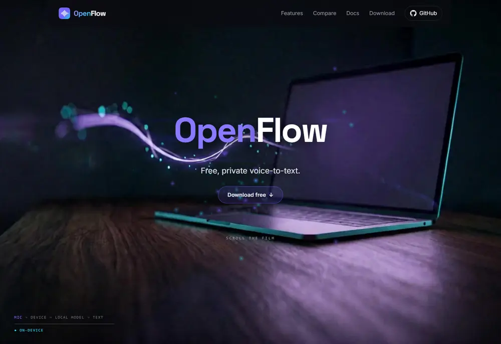The OpenFlow homepage — “Free, private voice-to-text.” over a laptop lit by a purple soundwave, with a download button.