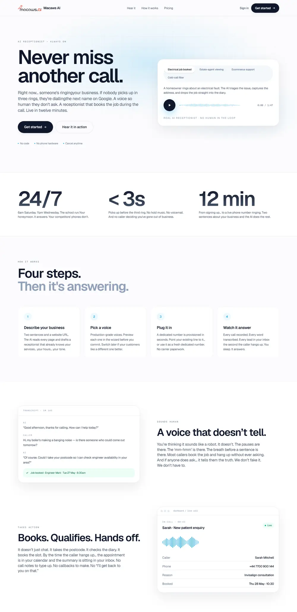 The Signal homepage — “Never miss another call.” beside a call being answered, with 24/7, under three seconds and twelve minutes as the headline numbers.
