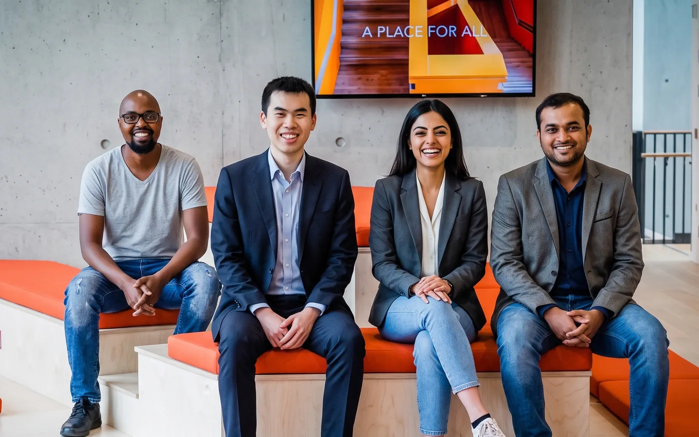 Four of the UK team sitting on the orange bleacher seating in the London office, a screen reading “A place for all” on the wall behind them.